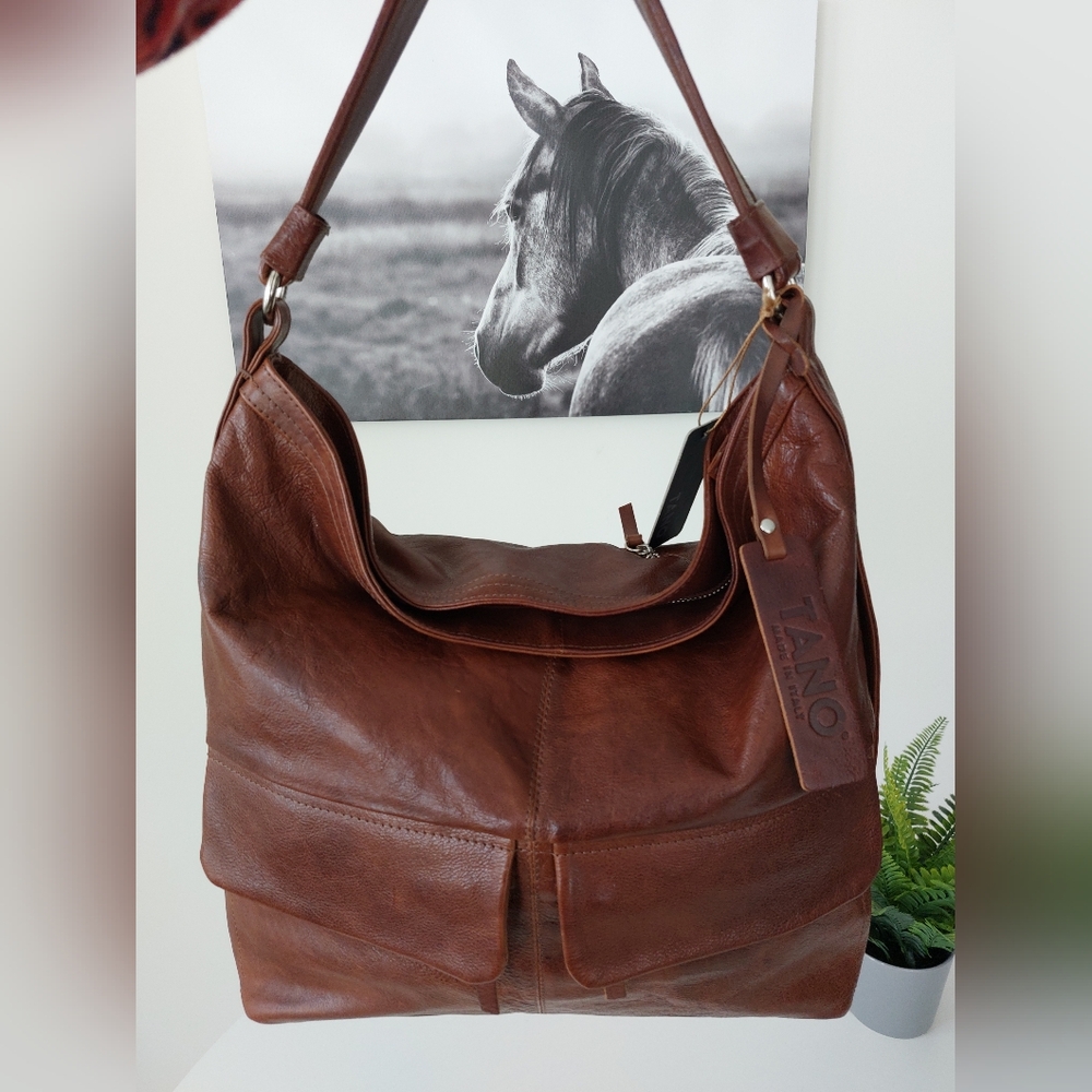 Tano Italian Leather Messenger Bag Slouchy Crossbody Large Soft Hobo Brown